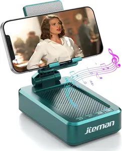 JTEMAN Cell Phone Stand with Wireless Bluetooth Speakers,Angle Adjustable Strong Pedestal Phone Stand for Desk,Hd Sound and Bass Bluetooth Speaker Compatible with All Mobile Phones(Green) jteman