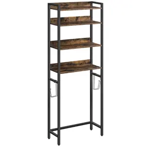 MAHANCRIS 4 Tier Over The Toilet Storage Rack, with 2 Hooks, Bathroom Storage Shelf, Easy to Assemble, Rustic Brown