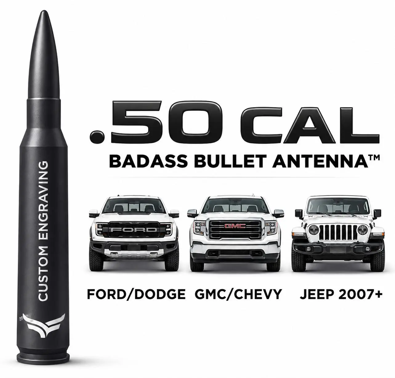 EcoAuto 50 Cal Badass Bullet Antenna — Personalized & Custom Engraved — Universal Truck Accessories for Ford, Dodge, GMC, Chevy, Jeep (2007+) Short Antenna Replacement — Anti-Theft EasyLock