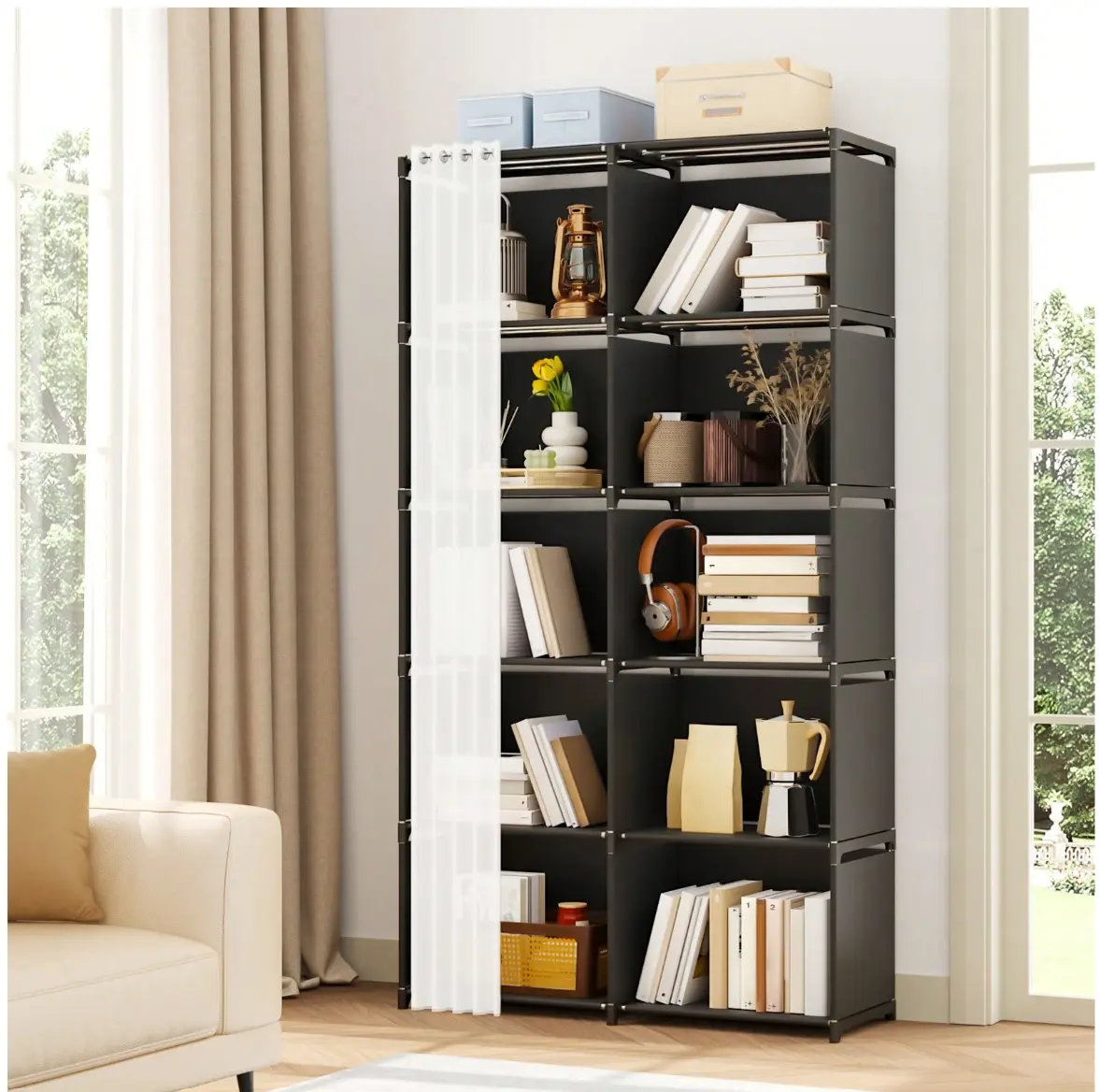 Bookshelf, Easy Bookshelf, 6-Tier Floor-Standing Bookshelf Organizer, 10 Lattice Wardrobe Storage, Multi-Functional Open Shelf, for Living Room, Bedroom, Home Office, Black/White
