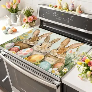 Easter Soft Electronic Stove Panel Protector Pad, Rabbit Bunny Egg Flower Design, Scratch Resistant, Easy to Clean, Multi-Purpose Kitchen Cover
