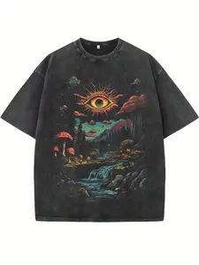 Men's Retro Pattern T-shirt - Loose, Soft, Breathable Cotton Shirt, Surrealist Fantasy Eye Design (Eye in Swamp/Pine Tree), Heavy duty Black T-shirt Suitable for Casual Daily and Fashion Parties