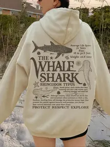 Women's Loose-Fit Hooded Sweatshirt, Whale Shark Print, Casual Fall & Winter Wear, Fashionable Drawstring Pocket Design, Graphic Hoodies