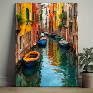 2D plane, 2D plane, 2D plane 1 piece, with frame, 30.48X 40.64cm [2D plane] Humorous art in comic style, vividly depicts the iconic landmarks of Venice, Italy, with a boat on the river
