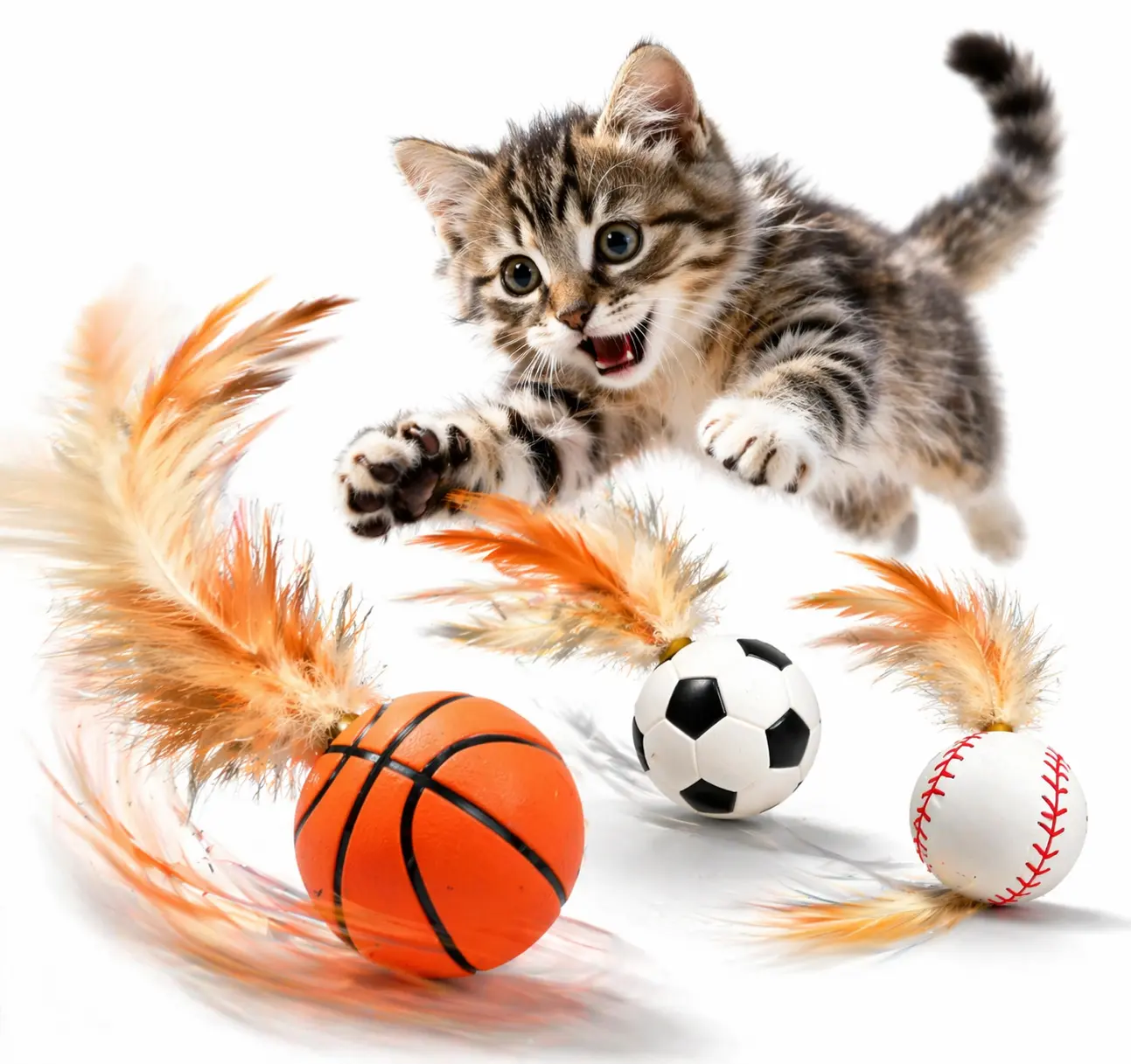 6PCS Feather Cat Toy Balls – Interactive Bouncy Cat Toys with Natural Feathers, Indoor Exercise & Hunting Play for Cats