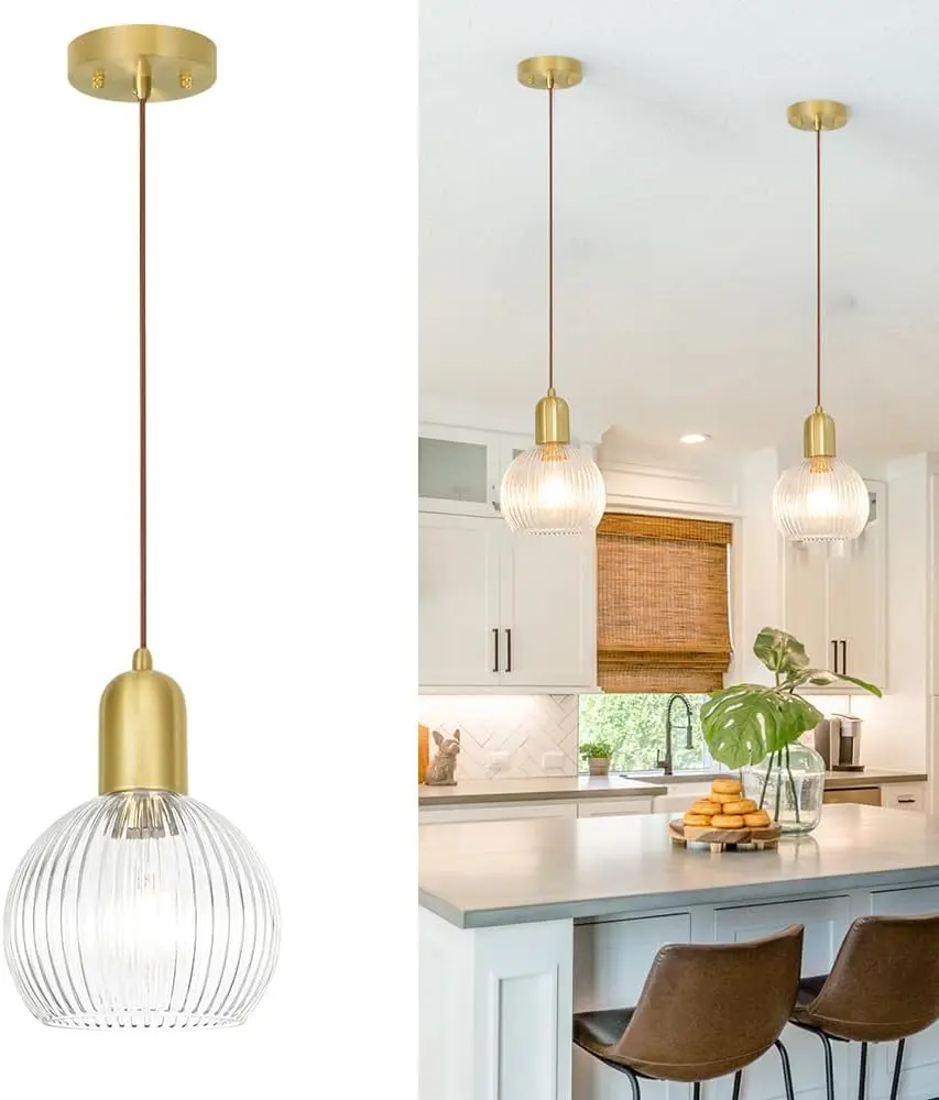Modern Gold Brass Pendant Light - Clear Ribbed Glass Globe, Adjustable 11.8-59" Hanging Fixture for Kitchen Island, Dining Room Ceiling Lighting
