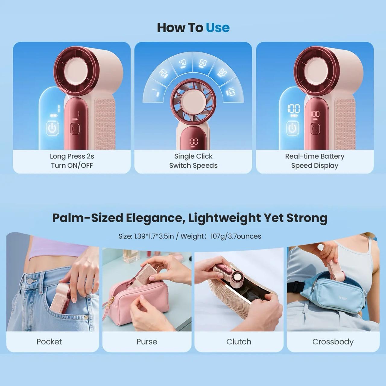 Mini Handheld Fan with LED Display – 6-Speed Turbo Pocket Fan for Women. USB Rechargeable, High-Speed Cooling for Travel & Makeup. Perfect  Gift.  Portable Refrigeration