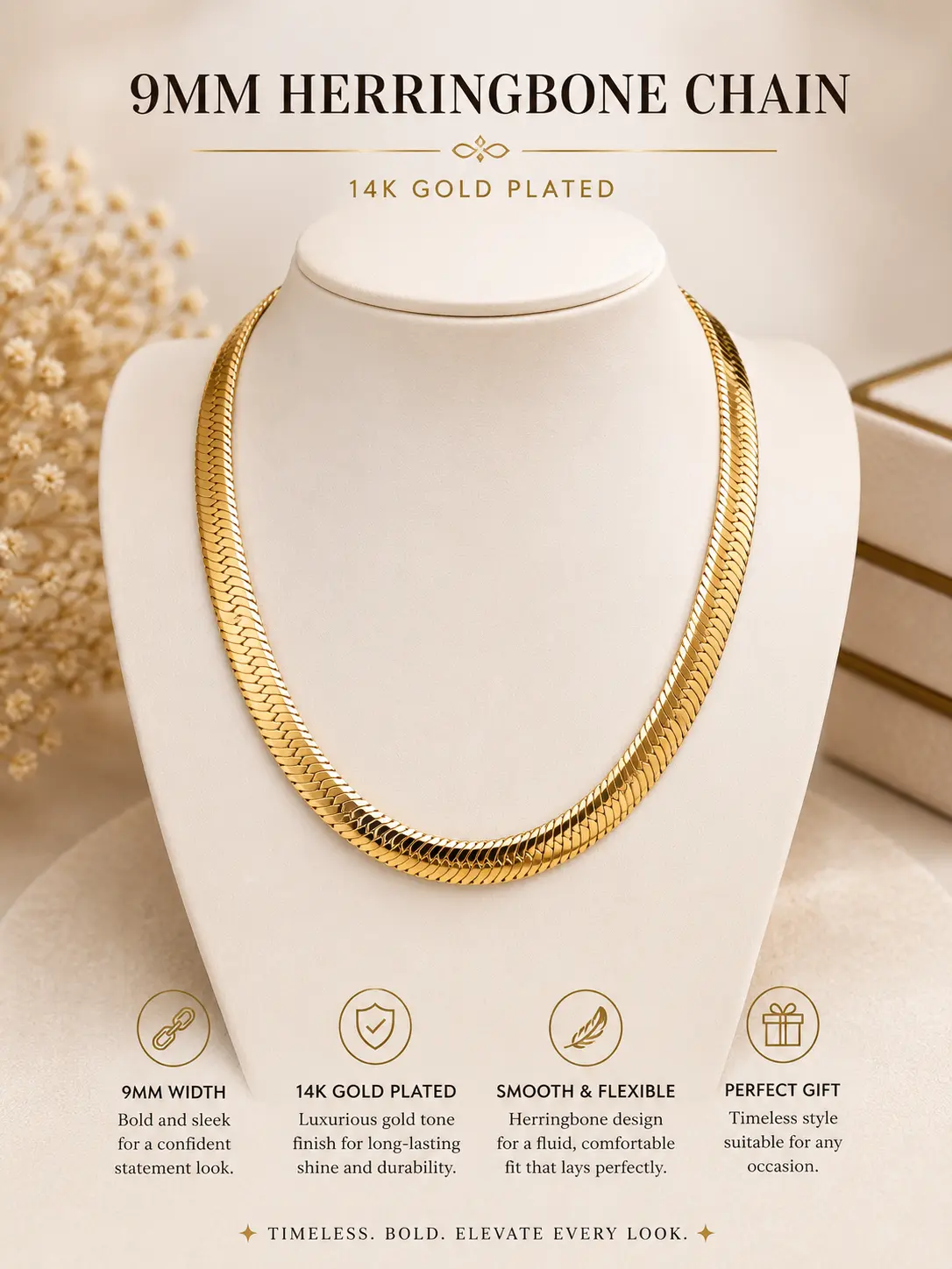 14k Yellow Gold Plated 9mm Herringbone Necklace