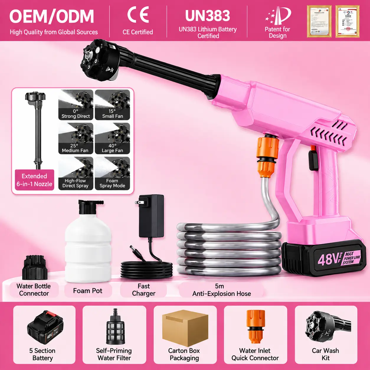 Pink Cordless Pressure Washer - Portable Battery-Powered Car Wash Equipment, Home Powerwashers with 6-in-1 Adjustable Nozzle, Foam Bottle, Water Hose, Handheld Gun for Cars, Patio, Outdoor Cleaning #CordlessPressureWasher #PortablePressureWasher, Powerwas