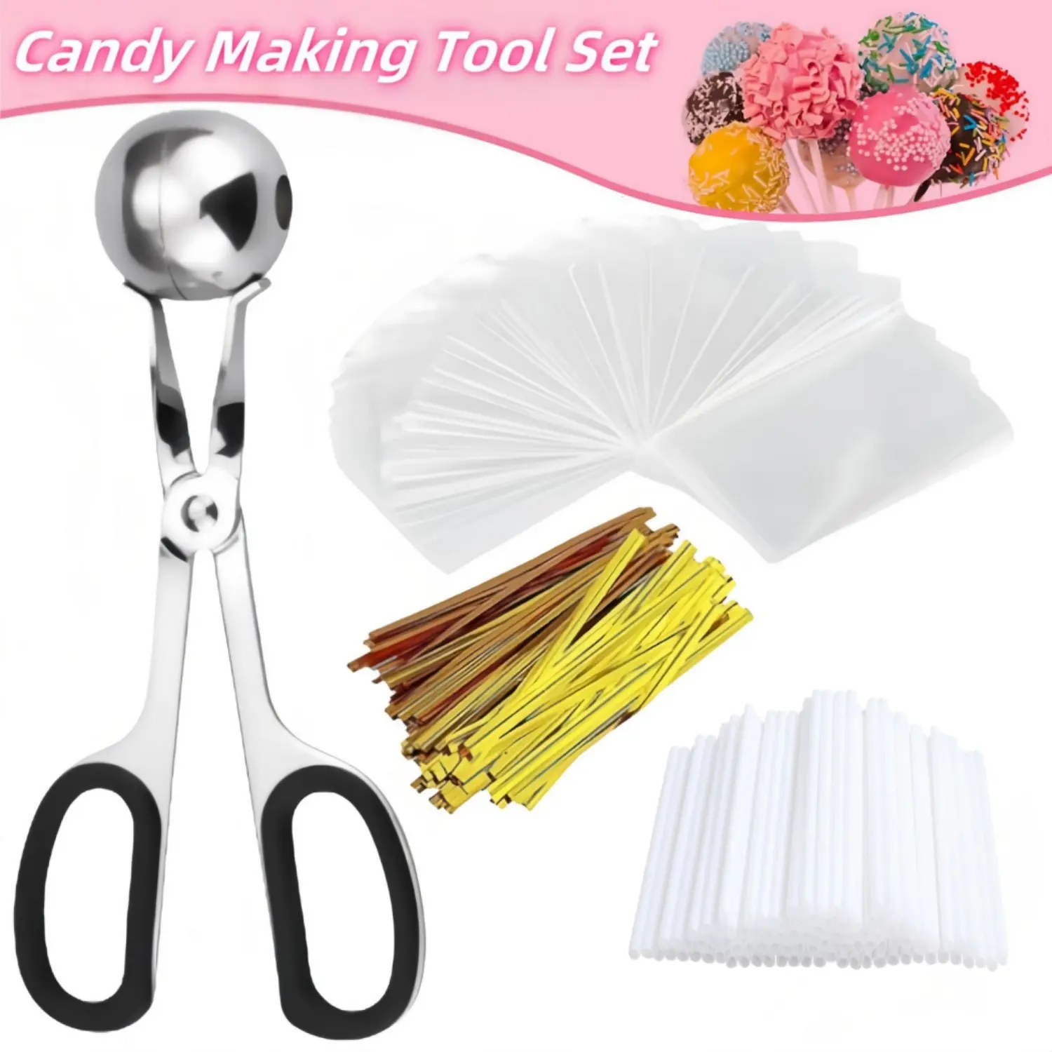 Cake Pop Kit, 100pcs Cake Pop Sticks, 100pcs Cake Pop Bags, 100pcs Twist Ties, 1 Cake Pop Mold Roller, Cake Pop Maker for Cake Pops, Lollipop, Candies, Chocolates and Cookies