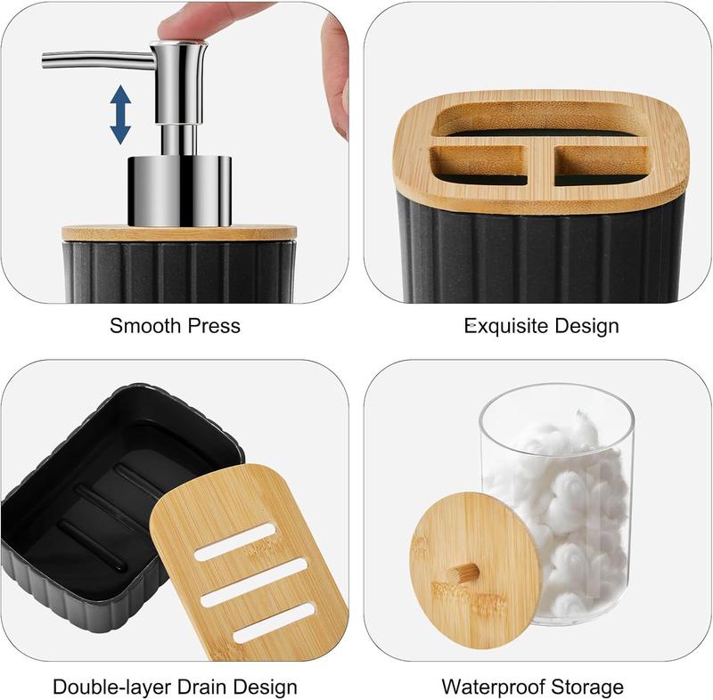 Black Bathroom Set with Shower Curtain, Trash Can, Toilet Brush Holder, Soap Dispenser, and More, Modern Bathroom Accessories