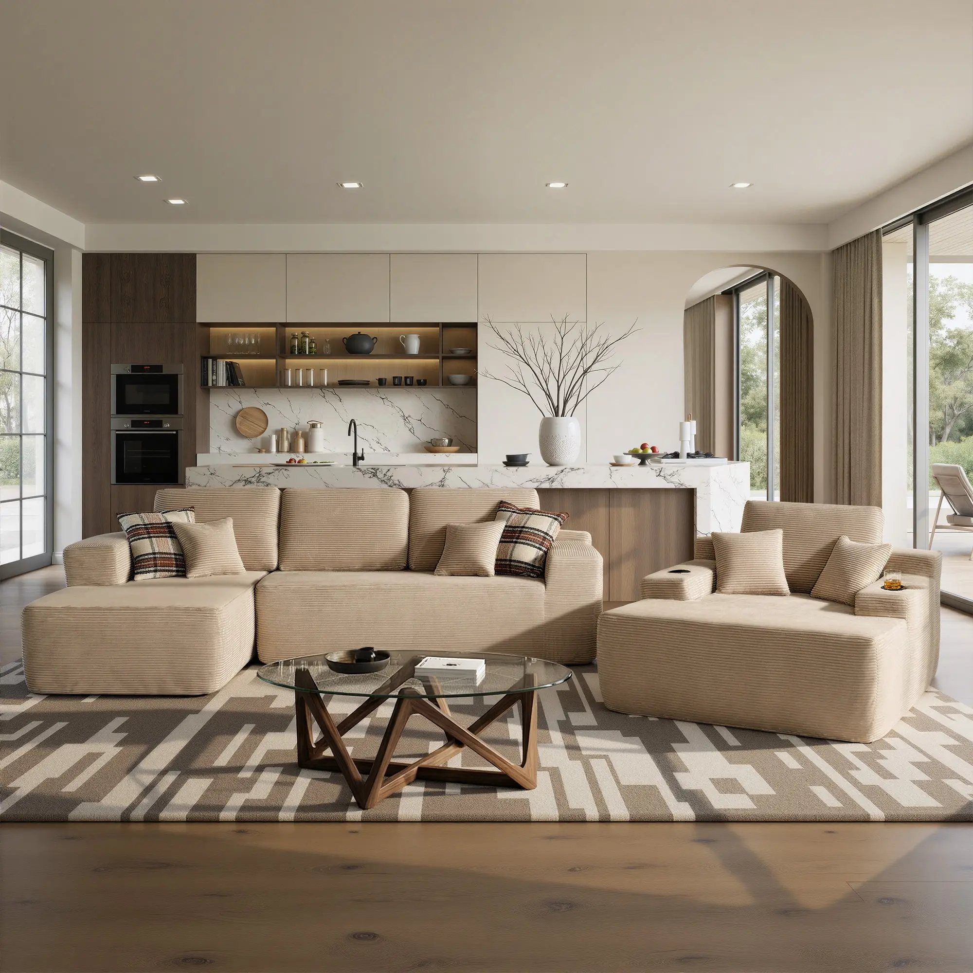 WEAXTY Modern Sofas Couches, 5-Seater Modular Sectional Sofa Set, 104in Plush Corduroy Comfy Deep Seat Couch for Living Room with 49in Boneless Chaise Lounge, Flexible Configuration, Pre-Assembled (3 Packages Shipping)