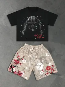 Gothic Jesus Loose Fit Short Print Tee & Shorts Set, Vintage Street Style, Casual Fall&winter, Unisex Fashion