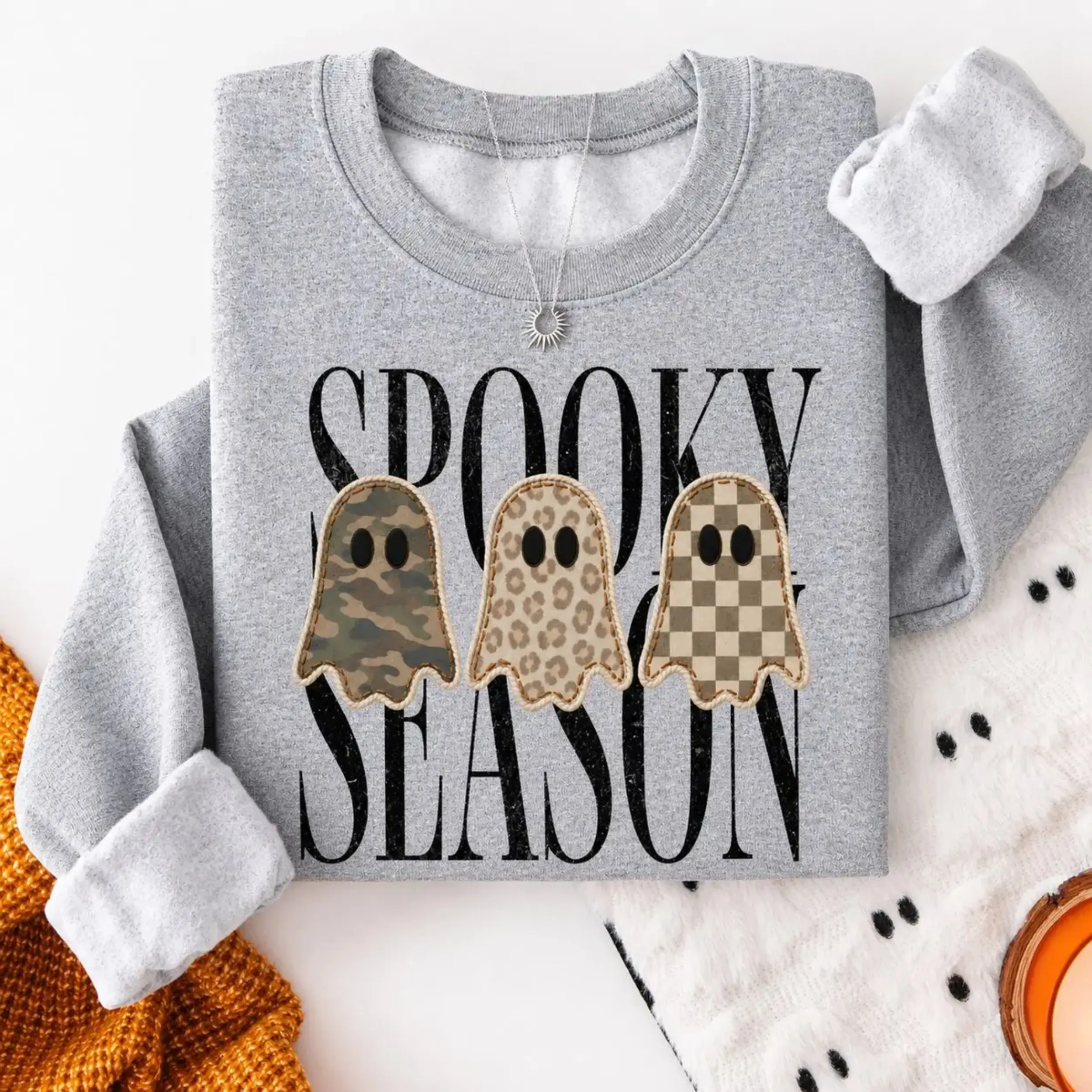 [PRINTED SHIRT] Spooky Season Ghost Sweatshirt, Camo Leopard Checkerboard Halloween Sweatshirt, Cute Vintage Fall Graphic Sweatshirt, Cozy Halloween Gift, Cotton Fabric Gift For Women