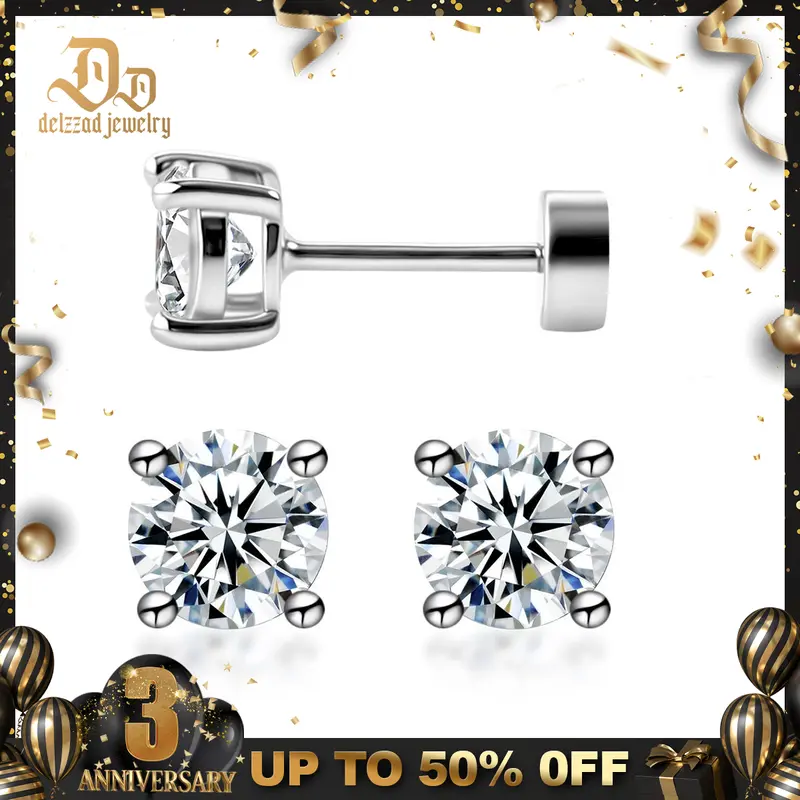 Delzzad Parallel Dream Solitaire Four-Prong Stud Earrings Flat Back Earrings Screw-on Synthetic Moissanite Earrings Jewelry S925 Sterling Silver Studs Moissanite Jewelry Perfect Birthday Engagement Wedding Anniversary Christmas Valentine's Day Gift