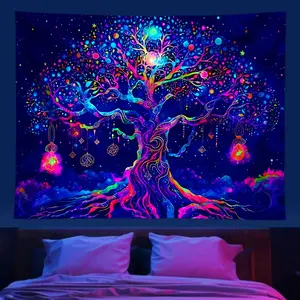 1pc Fluorescent Tree Tapestry, UV Reactive Black Light Life Tree Tapestry, Tapestry Wall Mural, Home Decoration Room Wall Hanging (needs to be illuminated with UV light in a dark environment for fluorescent effect)