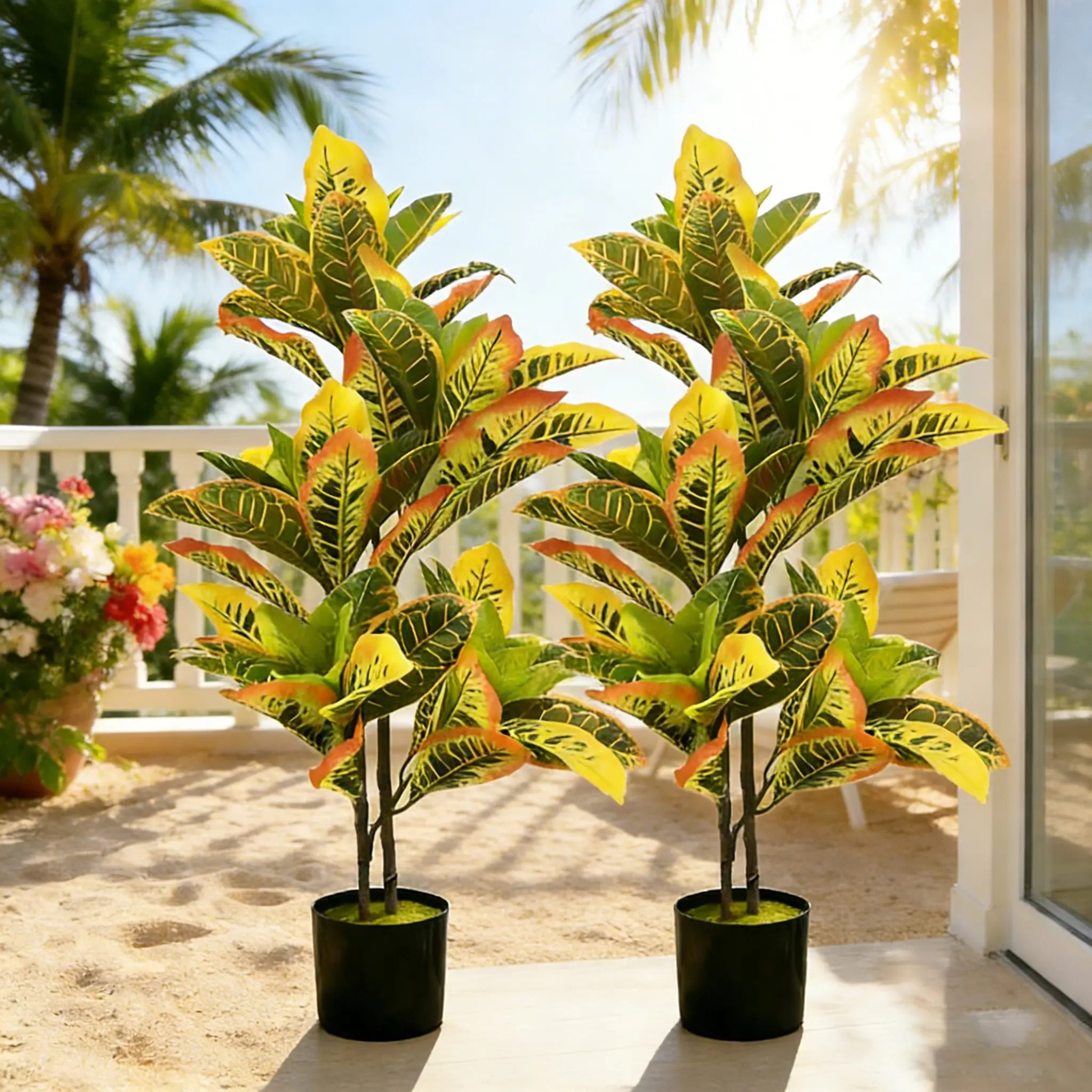 DLDA Game-Changer! 35” Artificial Croton Potted Plant Lucky Home & Patio Decor UV Proof Low Maintenance All-Weather Greenery for Outdoor Use Tree Moss Nature Plastic Gift Decorative