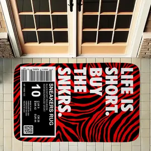 Funny Sneakerhead Doormat Life is Short Buy The Snkrs, Red and Black Zebra Stripe Shoe Box Area Rug, Non-Slip Indoor Entrance Mat for Teen Boys Room, Hypebeast Home Decor Carpet