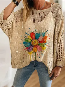 Women's Casual Floral Knit Top, Round Neck Long Sleeve, Loose Batwing Shoulder Design, Comfortable Breathable Sweater for All Seasons, Womenswear, Knitted Sweater