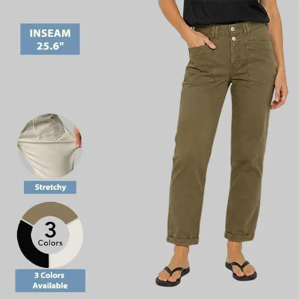 Flamingals Solid Patch Pocket Dual Button High Rise Straight Leg Pants Stretchy 25.6" Inseam