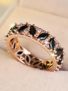 Luxury Single Row Black Marquise Cubic Zirconia Ring, Elegant Jewelry for Women, Trendy All-match & Exquisite Jewelry for Birthday Gift