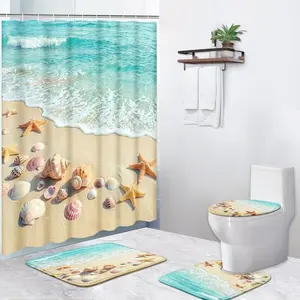 Pamnest 4 Pcs Shower Curtain Sets, Beach Coastal Ocean Waterproof Bathroom Sets with Non-Slip Rugs,Toilet Lid Cover and Bath Mat, Accessories Modern Home Bathroom Decor 72" X 72"
