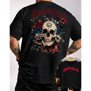 Men's Edgy Graphic Tee - "Godspeed" Skull & Floral Print Oversized Crew Neck Short-Sleeve T-Shirt
