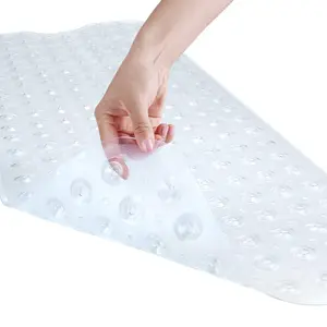 Bath and Shower Safety Mats 40 x 16 Inch Non-Slip and Extra Large, Bath Floor Mats with Suction Cups, Machine Washable Bathroom Mats with Drain Holes, Clear