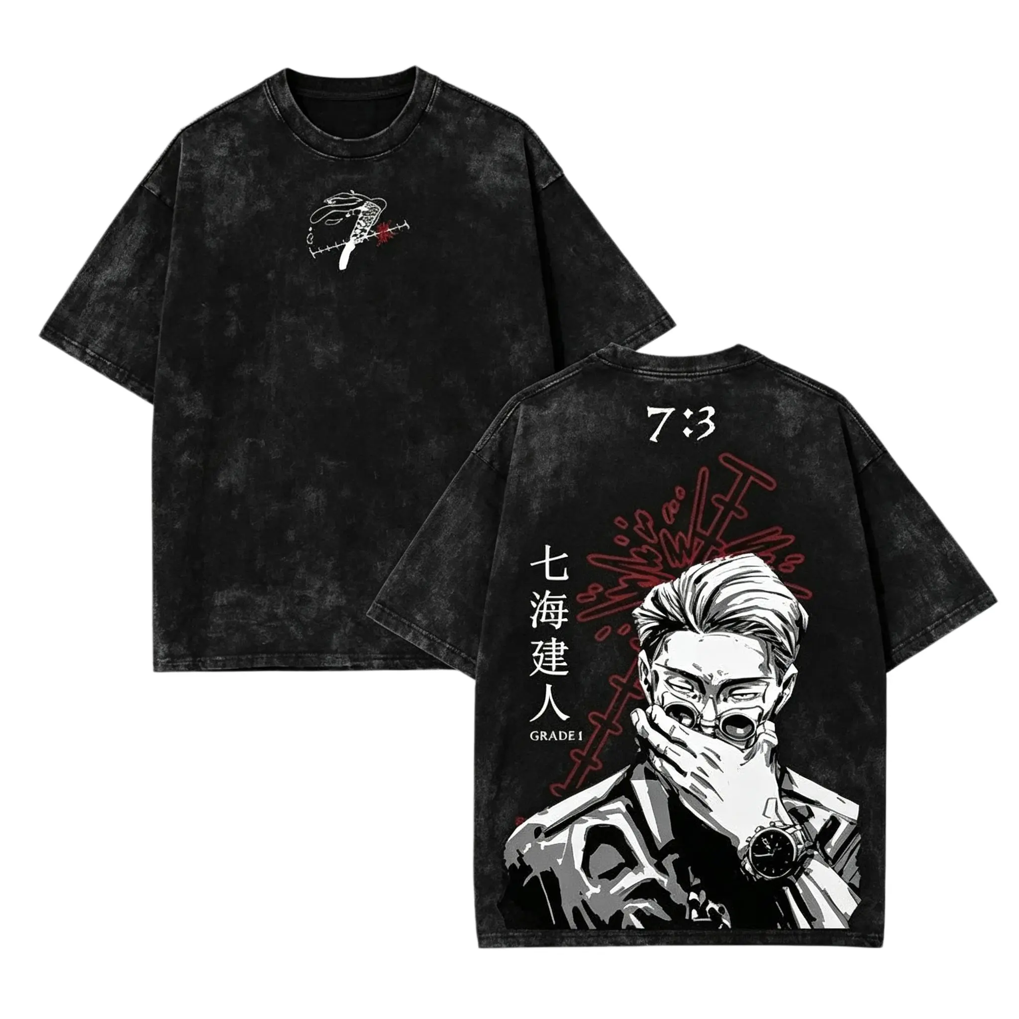 Kento Nanami - Jujutsu Kaisen Anime Double Printed Vintage Washed Unisex Oversize Anime Manga Washed Heavyweight Cotton T-shirt, gifts For Anime Fan, Anime Lover