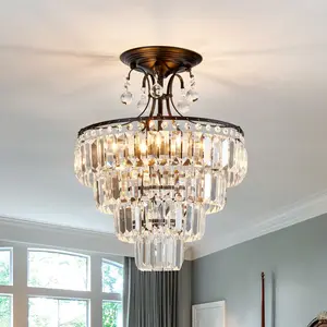Modern Black Crystal Ceiling Light, Dimmable Semi-Flush Mount 15.3-Inch E12 Crystal Ceiling Light for Bedroom/Corridor/Dining Room