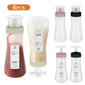 12 oz Condiment Squeeze Bottles for Sauces-Leak Proof-6 Pack Unique Upside-down Placement Design for Easy Squeezing,Bottle Brush and Lable for Kitchenware,Two Styles of Sauce Outlet