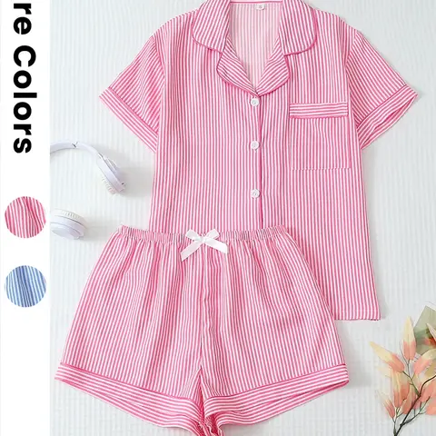 Two-piece Spring and Summer Thin Blue and White Striped Print Woven Fitted Pajamas Set Sweet and Cute Lapel Button-up Top and Bow Shorts Women's Womenswear Pajamas, Homewear and Loungewear Nightwear Vibe Ladies Loungewear