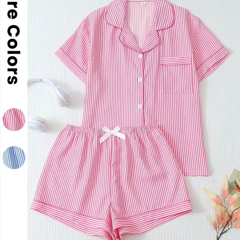 Two-piece Spring and Summer Thin Blue and White Striped Print Woven Fitted Pajamas Set Sweet and Cute Lapel Button-up Top and Bow Shorts Women's Womenswear Pajamas, Homewear and Loungewear Nightwear Vibe Ladies Loungewear