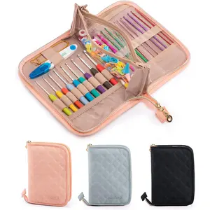 Crochet Hook Case – Empty Organizer with 24 Slots for Crochet Hooks & Ergonomic Aluminum Crochet Needles, Zipper Pocket for Accessories and Supplies