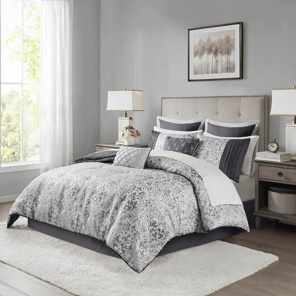 Madison Park MP10-8437 90 x 90 x 1.5 in. Emilia Jacquard Comforter Set with Bed Sheets, Silver - Queen Size - 12 Piece, Queen Size Mattress, Comforter Queen Size