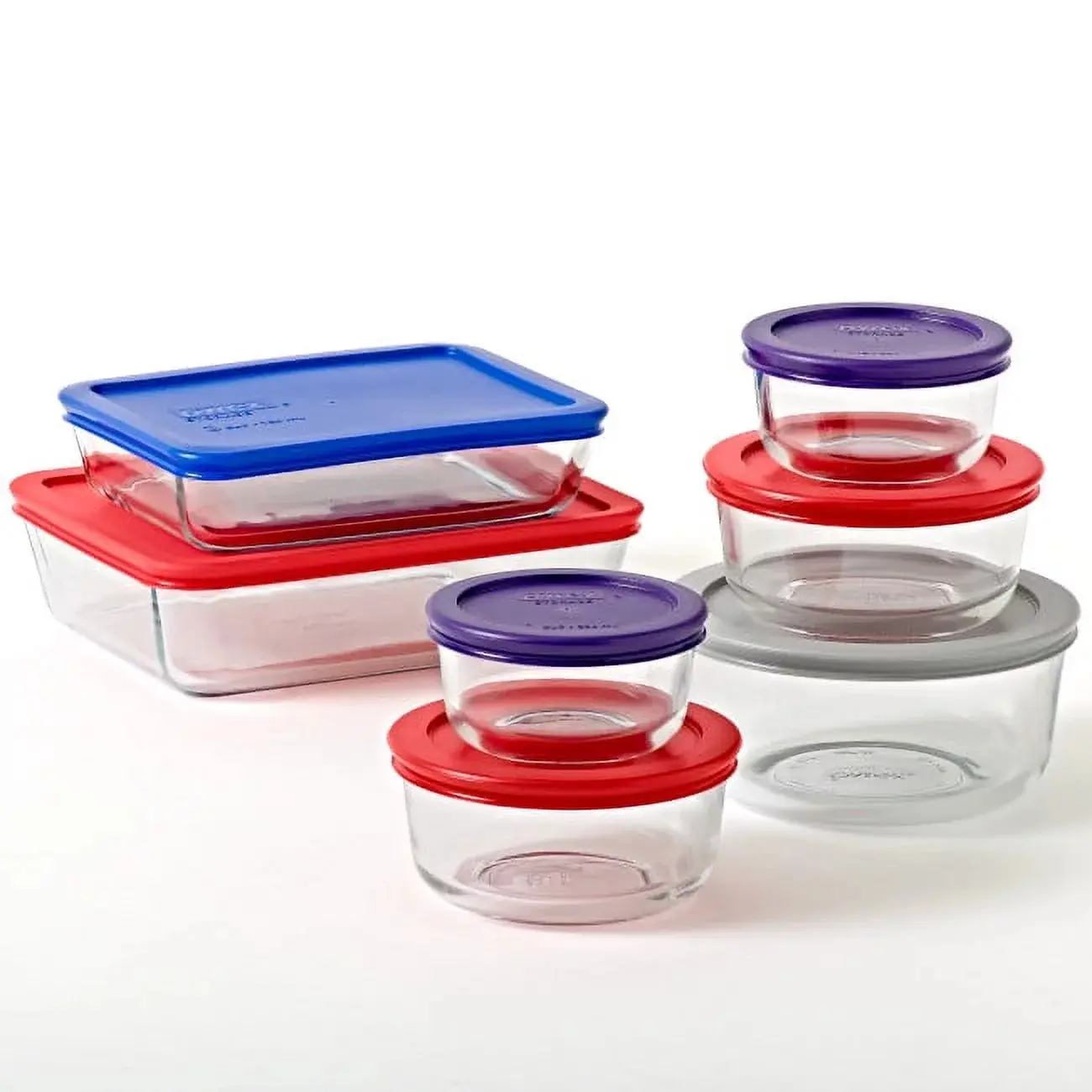 PYREX Simply Store Glass Food Storage Container Set - 14-Piece with Plastic Lids, Round & Rectangular Stackable Airtight Canisters, Space-Saving for Meal Prep, Canister