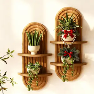 Bamworld 2 Packs Boho Wall Decor Brown Plant Wall Shelf, Mid Century Modern Decor Hanging Plant Shelf, 2-Tier Wooden Floating Shelves Shelving Unit for Home, Living Room, Office Holding Planter Decoration  Valentine‘s  gifts Bamboo Decorative