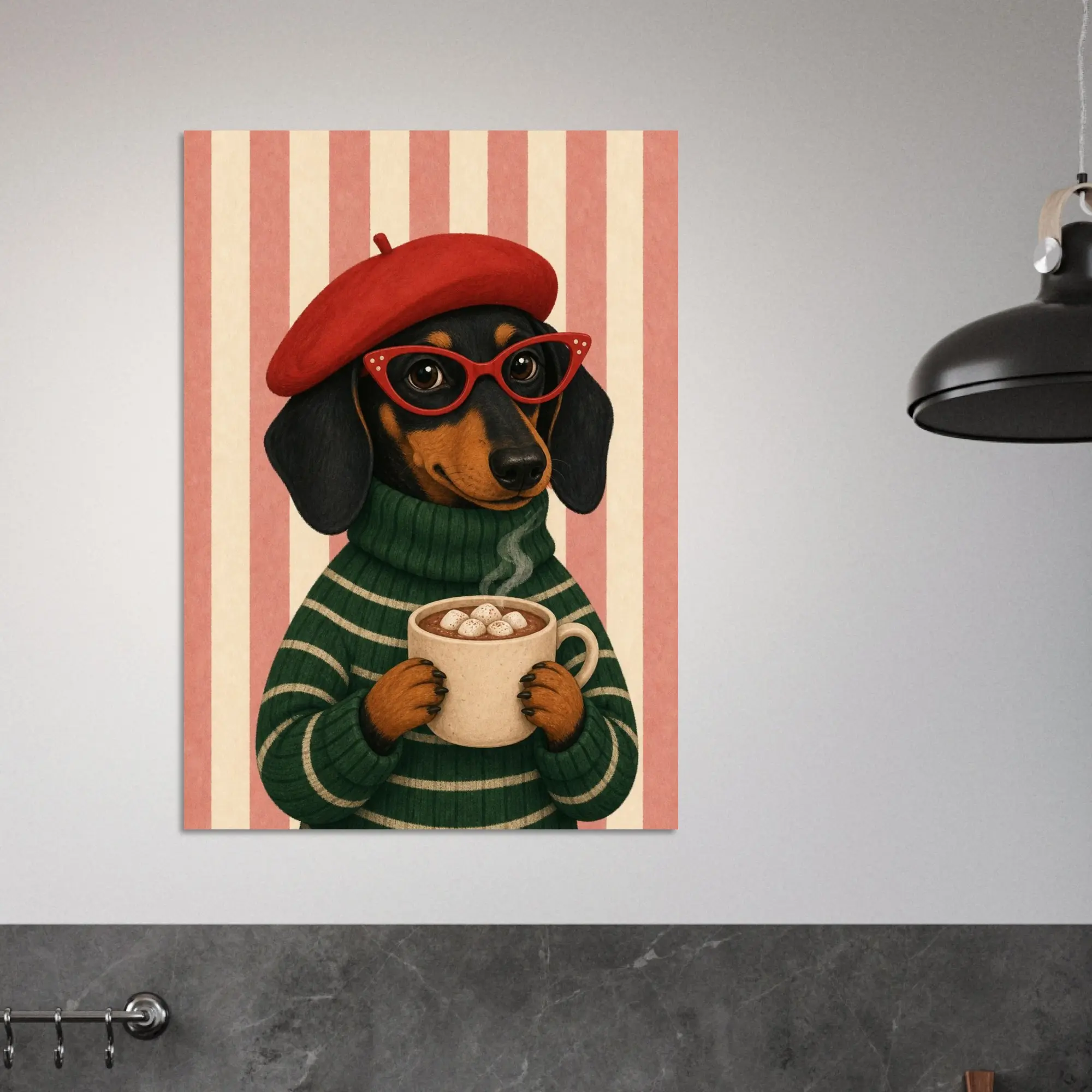 Dachshund Poster, Cute Dog Drinking Hot Chocolate with Beret, Whimsical Pet Wall Art, Gift for Dog Lover, Modern Home Decor, Handmade Print