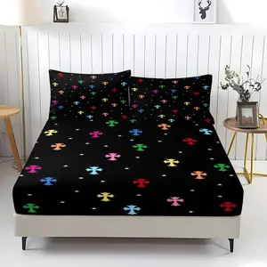 Colorful Cross Print Fitted Sheet Set (1 Fitted Sheet + 2 Pillowcases) 3 PCS, Trendy Streetwear Versatile Bed Sheet Set, Soft Polyester Fiber Bedding Set for Teens Adults Bedroom Living Room Dorm Bedsheet Set