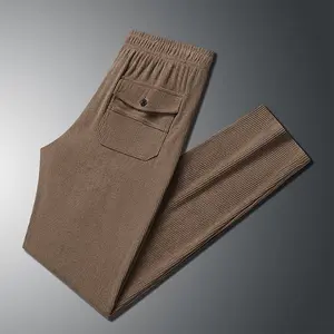 Men's Brown Corduroy Trousers - Elastic Waistband, Buttoned Pockets, Vintage Style Suitable for Casual and Everyday Wear