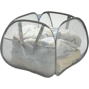 Collapsible Pop-Up Mesh Laundry Hamper Basket, 90L Large Square with Wide Opening, Sturdy Handles & Side Pocket, Foldable, Breathable, Space-Saving for Laundry, Storage, Camping, Travel (Gray)