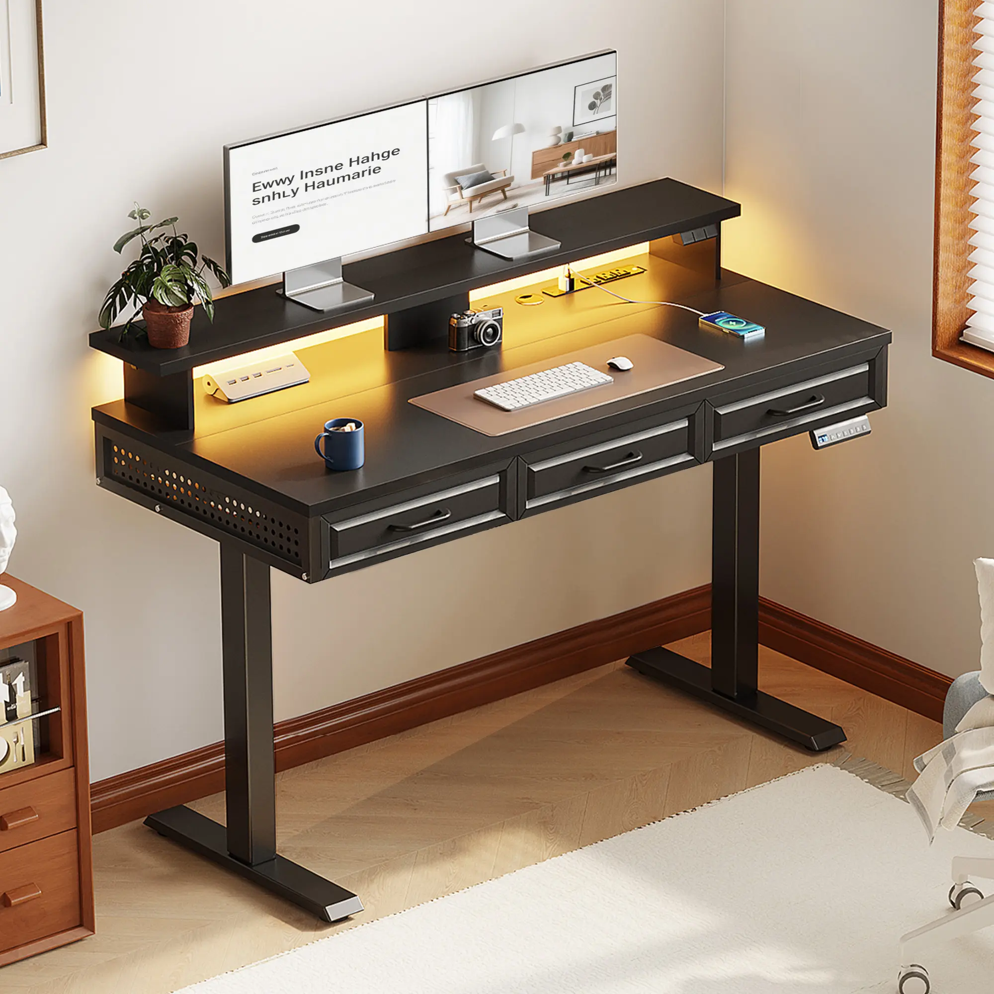 Electric Standing Desk with 3 Wood Drawers and Power Outlets, 48 Inch Adjustable Height Sit Stand Table with LED Lights and Monitor Shelf for Home Office Workstation