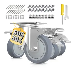 4-Inch Anti-Rust 304 Stainless Steel Caster Wheels with Brake, Set of 4 Non-Marking TPR Quiet Swivel Wheels (2300 lbs Load Capacity), Hardware Kits Included for Furniture, Labs, Anti-Rust Castors
