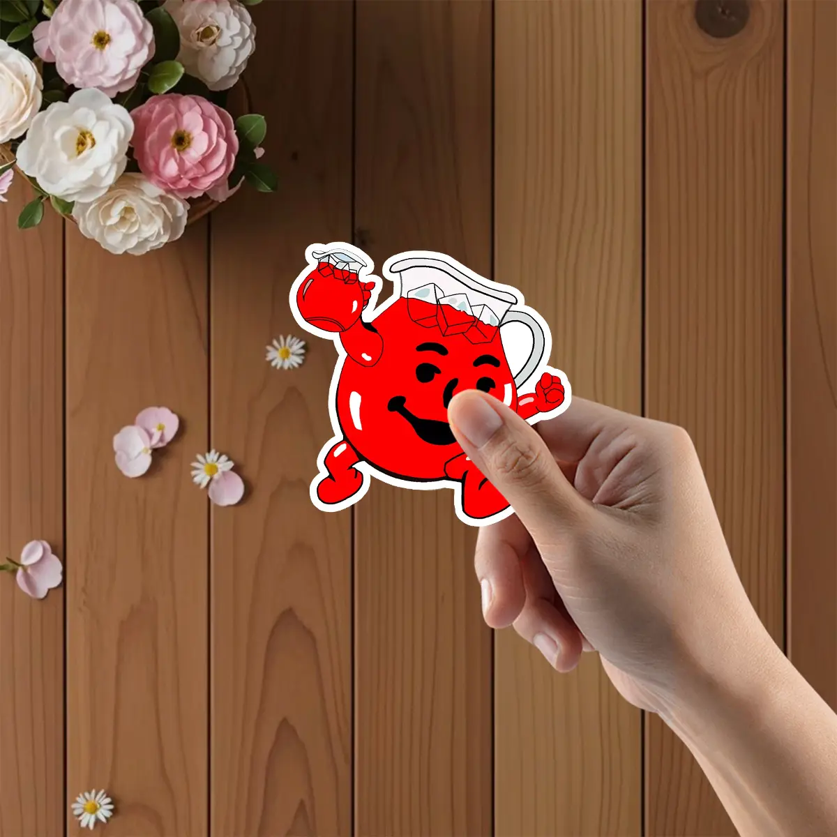 Kool Aid Man cartoon vinyl sticker - Decal Sticker, Adhesive Decals, matte, self-adhesive, single use, irregular shape, suitable for plastic surfaces, left side placement, durable laptop and skateboard stickers Funny Stickers