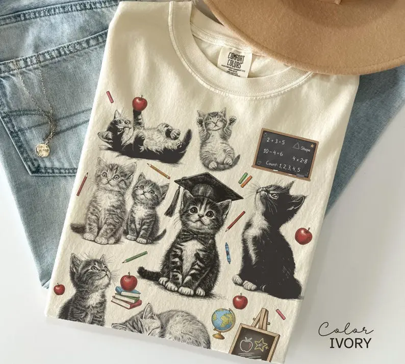 Retro Teacher Cat Kitten Shirt, Comfort Colors Tee, Cute Cat Elementary School Shirt, Teacher Team, Cat lover Gift