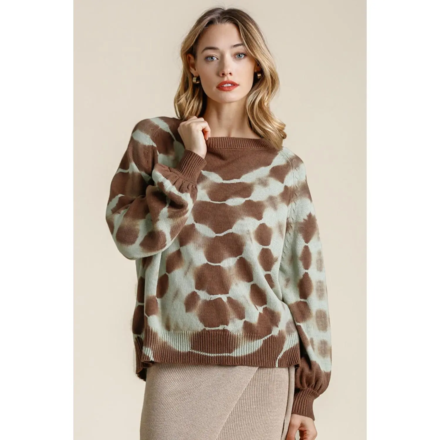 Umgee Women's Full Size Coffee Brown Ribbed Hem Tie Dye Round Neck Sweater/Plus Size