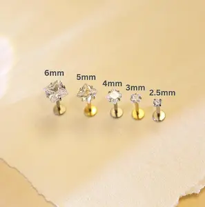 Square Shape Titanium CZ Flat Back Stud Earrings, Nose Stud, Conch piercing Earring,  Tiny Geometric Labret for Helix & Tragus, Waterproof Hypoallergenic Jewelry, non tarnish jewelry, conch piercing, nose stud, gold plate jewelry, women earrings
