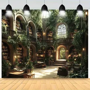 Enchanted Library Wall Tapestry - Vibrant Bookshelf & Greenery Design, Polyester, Perfect for Holiday Parties, Birthdays, Anniversaries, Weddings, and Home Decor, Event Backdrop | Vibrant Wall Art | Detailed Illustration, Book Decor Print White
