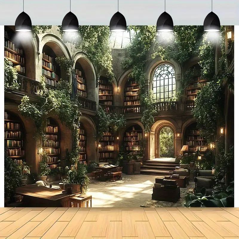 Enchanted Library Polyester Wall Tapestry - Vibrant Bookshelf Print, Greenery Details, White Book Accent, Modern Stain-Resistant Wall Hanging, All-Seasons Indoor Display for Wedding & Home Decor