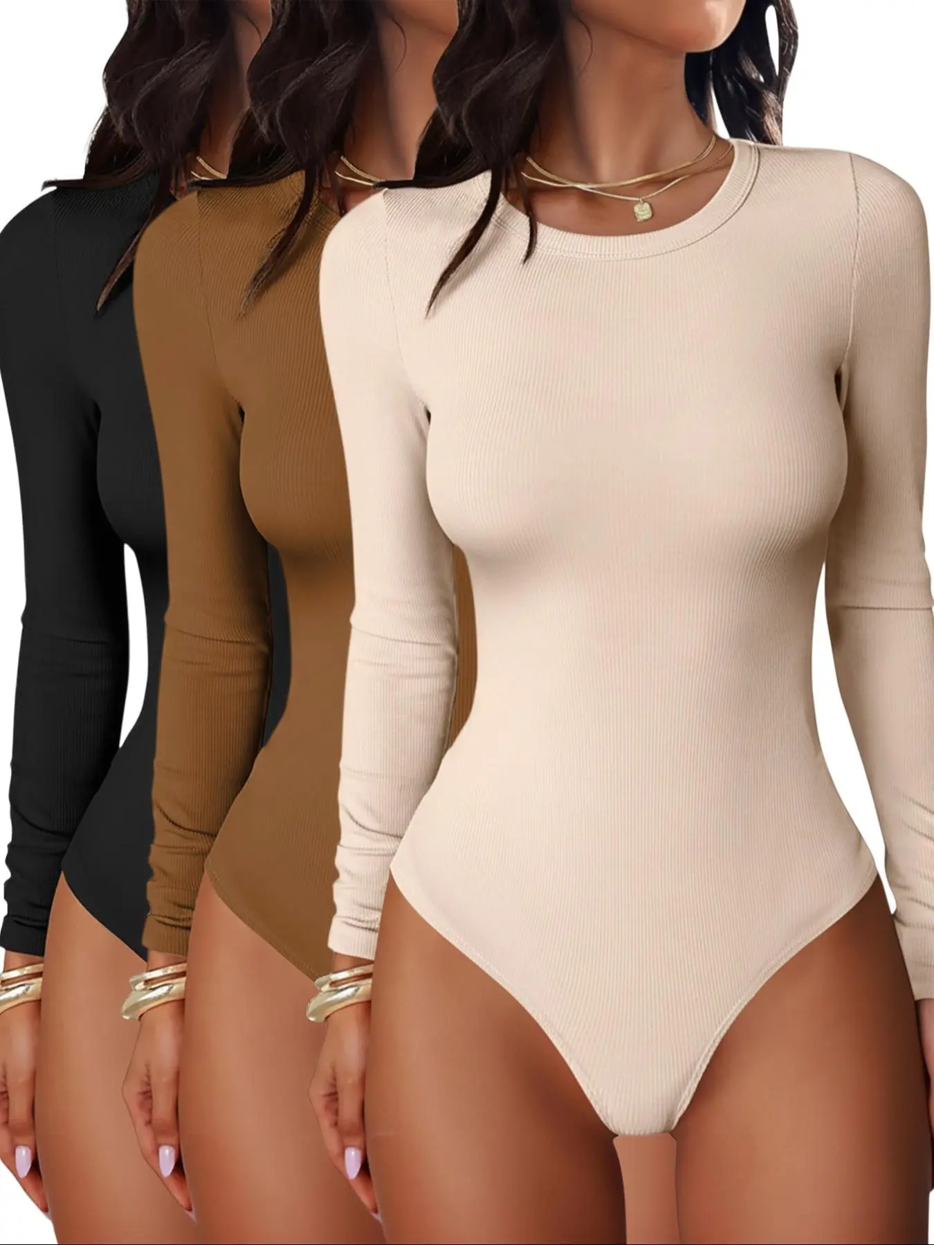 Women's Fall Winter Elegant Comfortable Round Neck Ribbed Long Sleeve Top, Fashion Simple Slimming Bodycon Jumpsuit, 3 Piece Set, Bodysuit